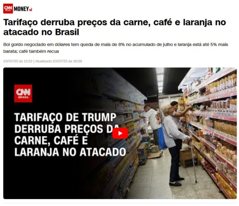 Tarifaço derruba preços da carne, café e laranja no atacado no Brasil, Isso é ironia não é?