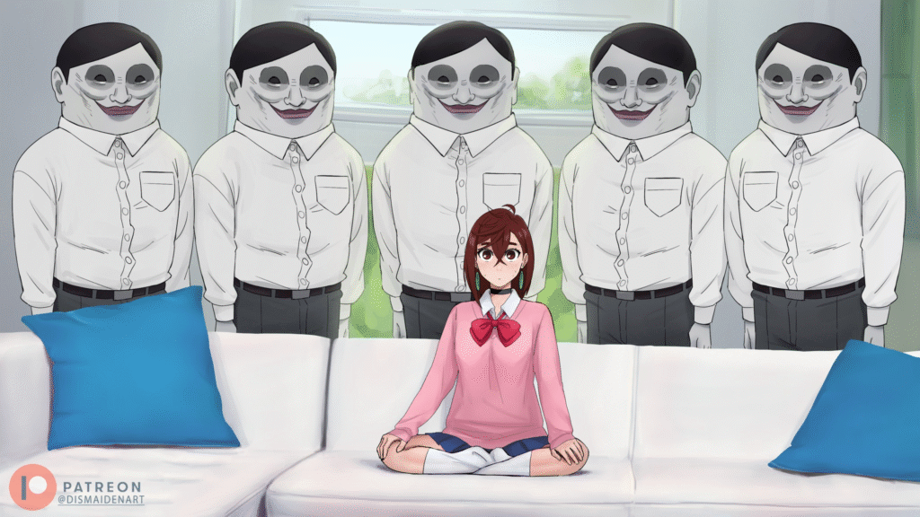 Ilustração de Momo Ayase, de camisa rosa, sentada em um sofá, cercada por cinco figuras masculinas idênticas e assustadoras, conhecidas como Serpos, que exibem sorrisos macabros. A arte, assinada por @DISMAIDENART, cria uma atmosfera de suspense e terror psicológico ao destacar o contraste entre a personagem central e as figuras perturbadoras ao fundo.