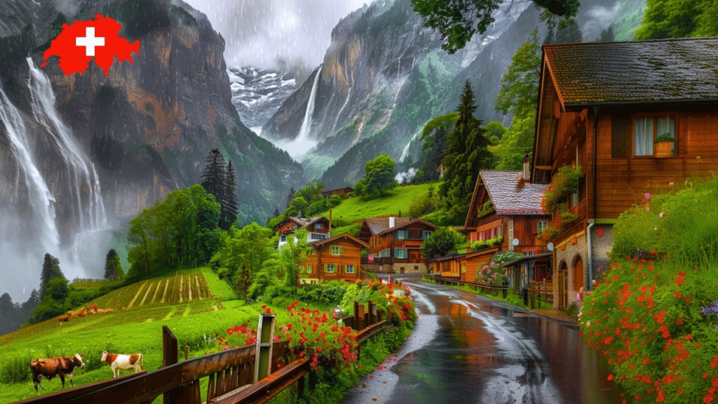 Dia chuvoso na Suíça em Wengen a Lauterbrunnen