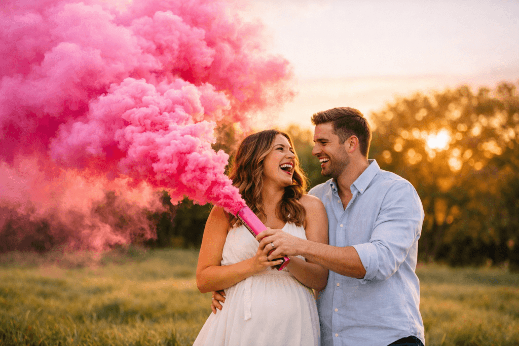 Casal celebrando revelação de sexo do bebê com fumaça rosa