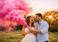 Casal celebrando revelação de sexo do bebê com fumaça rosa