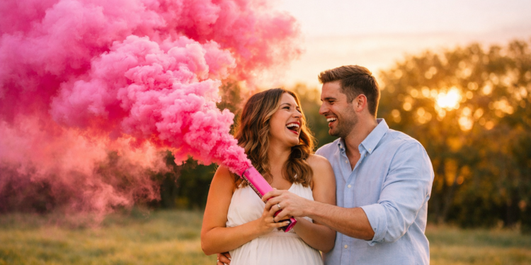 Casal celebrando revelação de sexo do bebê com fumaça rosa