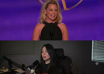 The top panel shows a happy blonde woman on stage with a purple backdrop, smiling broadly. The bottom panel shows a dark-haired woman, presumably a Japanese streamer, sitting in a gaming setup with a microphone and a dark chair, looking slightly side-eyed or reacting to something on her left.