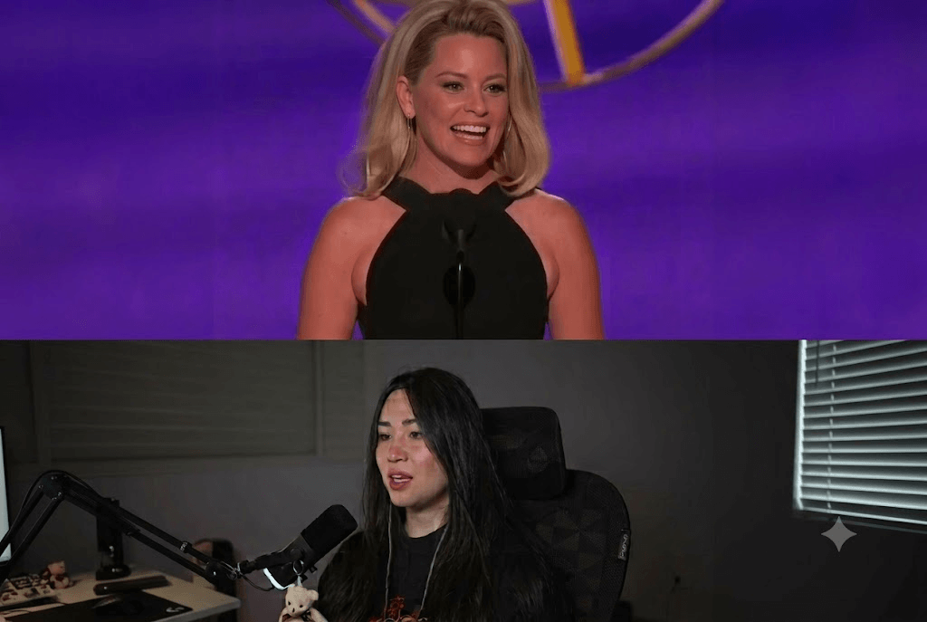 The top panel shows a happy blonde woman on stage with a purple backdrop, smiling broadly. The bottom panel shows a dark-haired woman, presumably a Japanese streamer, sitting in a gaming setup with a microphone and a dark chair, looking slightly side-eyed or reacting to something on her left.