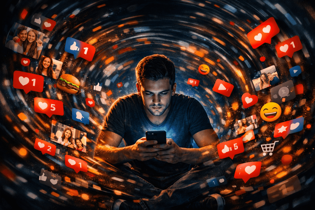 Homem iluminado pela luz azul do celular, cercado por um vórtice de ícones e notificações que simbolizam o ciclo viciante das recompensas digitais.
