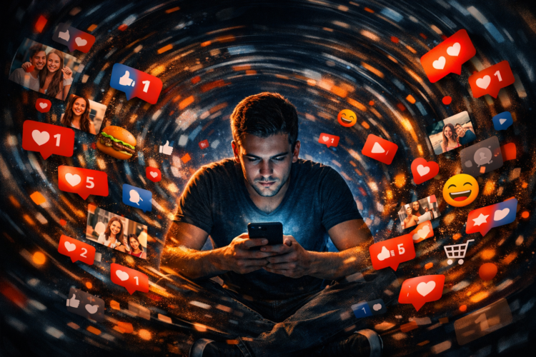 Homem iluminado pela luz azul do celular, cercado por um vórtice de ícones e notificações que simbolizam o ciclo viciante das recompensas digitais.
