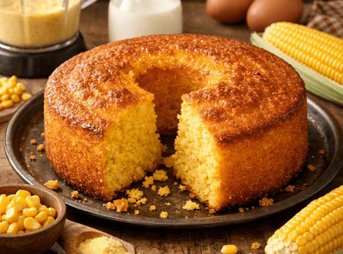 Bolo de milho de liquidificador dourado e úmido sobre prato rústico, com uma fatia cortada mostrando o interior macio. Ao redor, ingredientes como milho, farinha de milho, ovos e leite em uma mesa de madeira, sob luz quente e acolhedora.