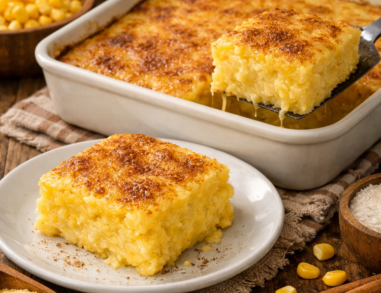A cena mostra a pamonha dourada e cremosa recém-saída do forno, com uma fatia sendo servida — o queijo derretendo e o interior macio destacam o apelo caseiro e irresistível.