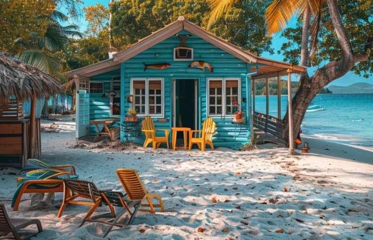 Uma charmosa cabana de praia de madeira, pintada em um tom vibrante de azul-turquesa, localizada diretamente na areia branca de uma praia tropical.
