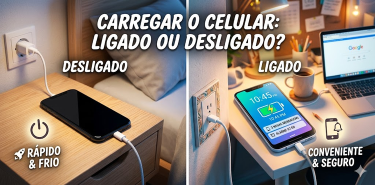 Uma imagem dividida ao meio comparando duas formas de carregar o celular. Do lado esquerdo, sob o título "DESLIGADO", um smartphone com a tela totalmente preta está conectado ao carregador sobre uma mesa de cabeceira de madeira ao lado de uma cama. Abaixo dele, há um ícone de liga/desliga com o texto "RÁPIDO & FRIO". Do lado direito, sob o título "LIGADO", um smartphone com a tela acesa exibe o status de carregamento da bateria, notificações e um relógio, posicionado em uma mesa de trabalho ao lado de um notebook e uma caneca. Abaixo dele, há um ícone de sino de notificação com o texto "CONVENIENTE & SEGURO". No topo, cruzando os dois lados, está o título principal: "CARREGAR O CELULAR: LIGADO OU DESLIGADO?".