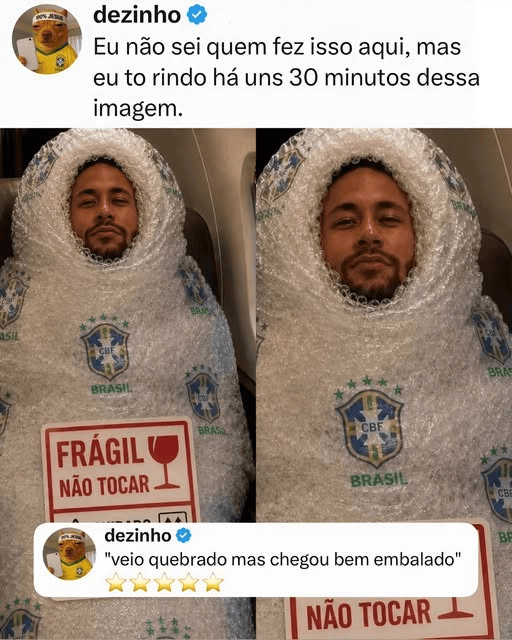 Foto humorística mostrando Neymar enrolado em plástico bolha com o rosto exposto, a logo da CBF impressa no plástico e um adesivo vermelho escrito 'Frágil Não Tocar'.