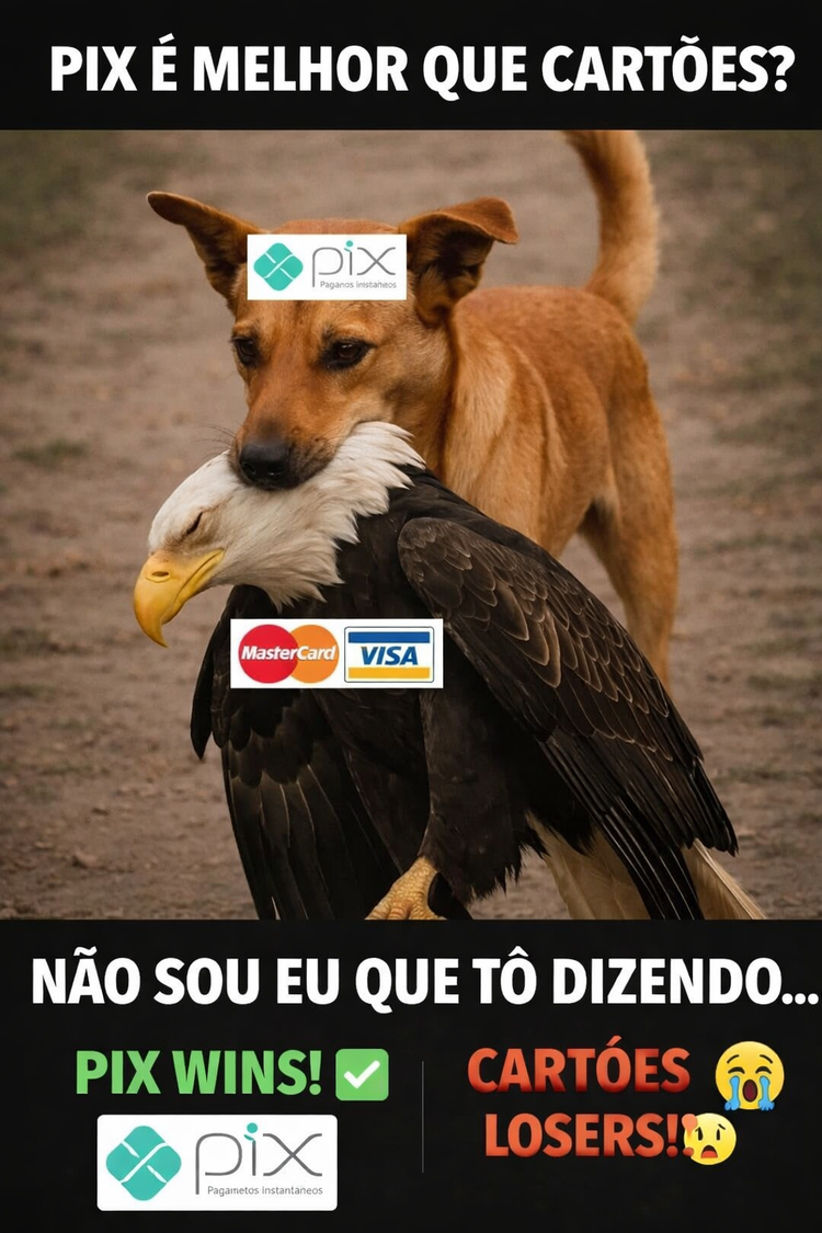 O contraste entre o cachorro (Pix) e a águia (cartões) reforça o humor irônico, e as frases exageradas deixam o tom provocativo bem evidente.