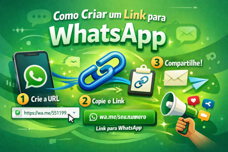 Ilustração digital mostrando o passo a passo para criar um link do WhatsApp, com ícones de celular, corrente de link e megafone sobre fundo verde vibrante.