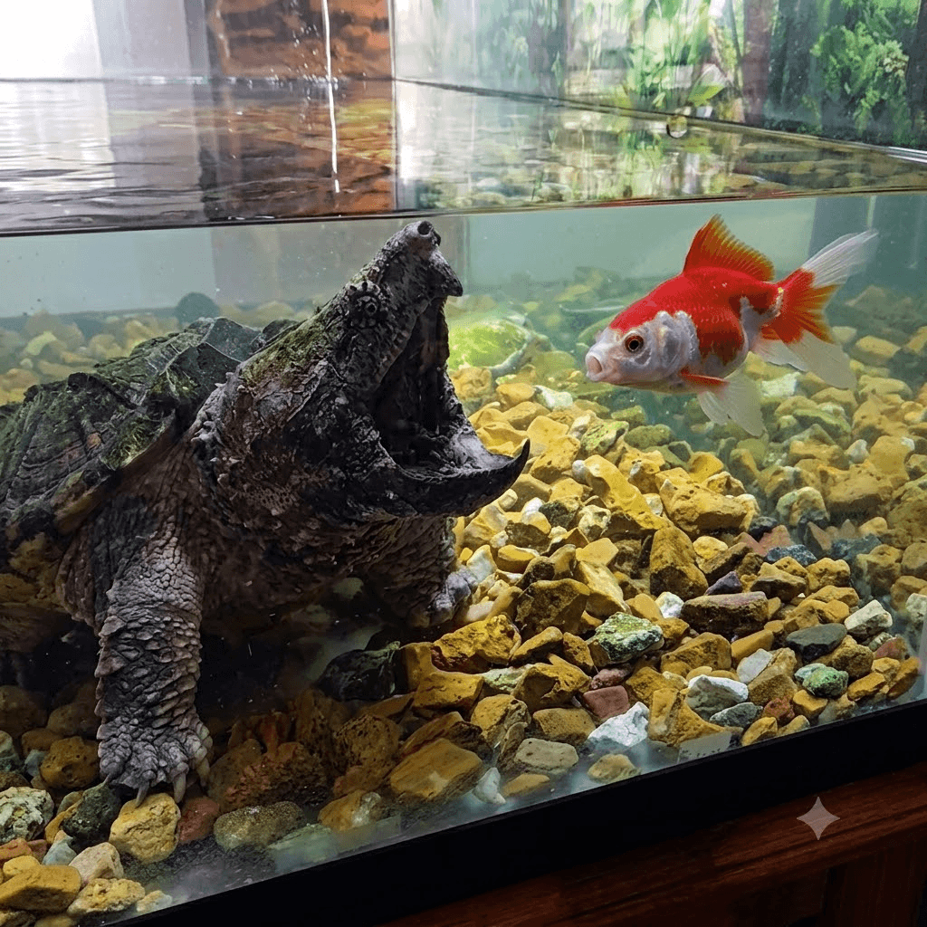 the Alligator Snapping Turtle (left) with its wide-open mouth facing the goldfish (right). The tank bed is also more clearly visible.