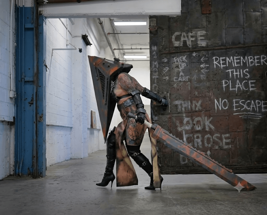 Full-shot of a person cosplaying a gender-bent Female Pyramid Head from Silent Hill in a gritty, industrial corridor. They are wearing high-heeled boots, leather straps, and carrying the iconic massive Great Knife while posing next to a rusted metal door with graffiti.
