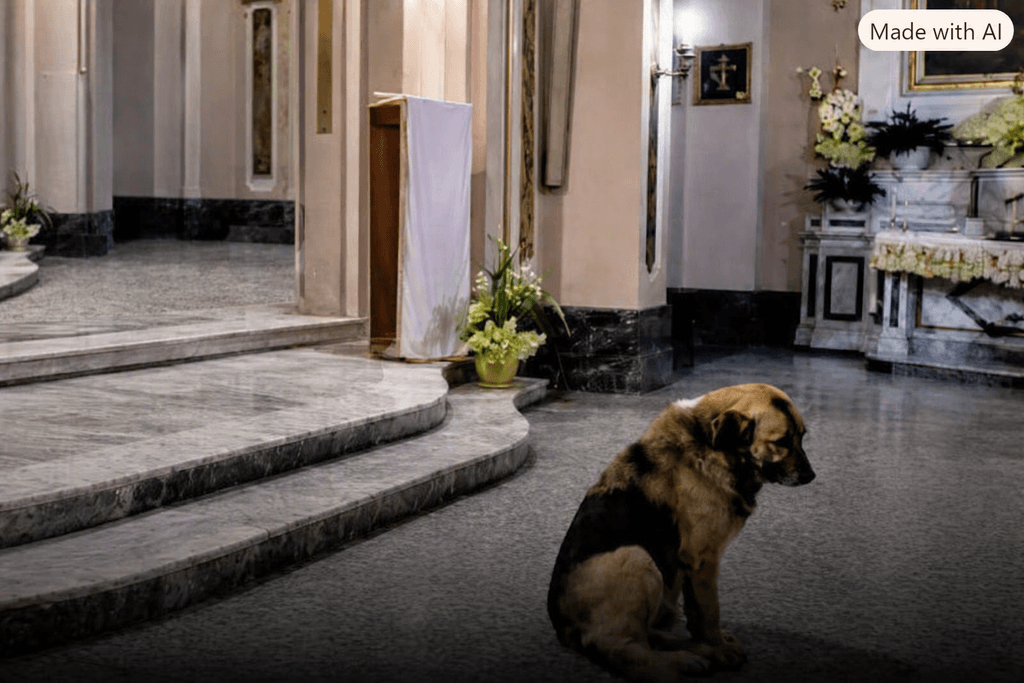 Cachorro deitado pacificamente em frente ao altar de uma igreja histórica na Itália durante a missa.